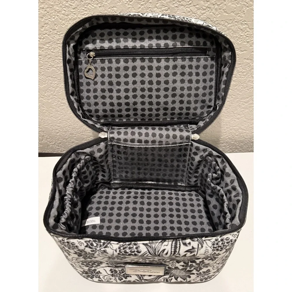 Bella Russo Makeup Bag  Black White Floral Design Zipper Closure Handle Charms
